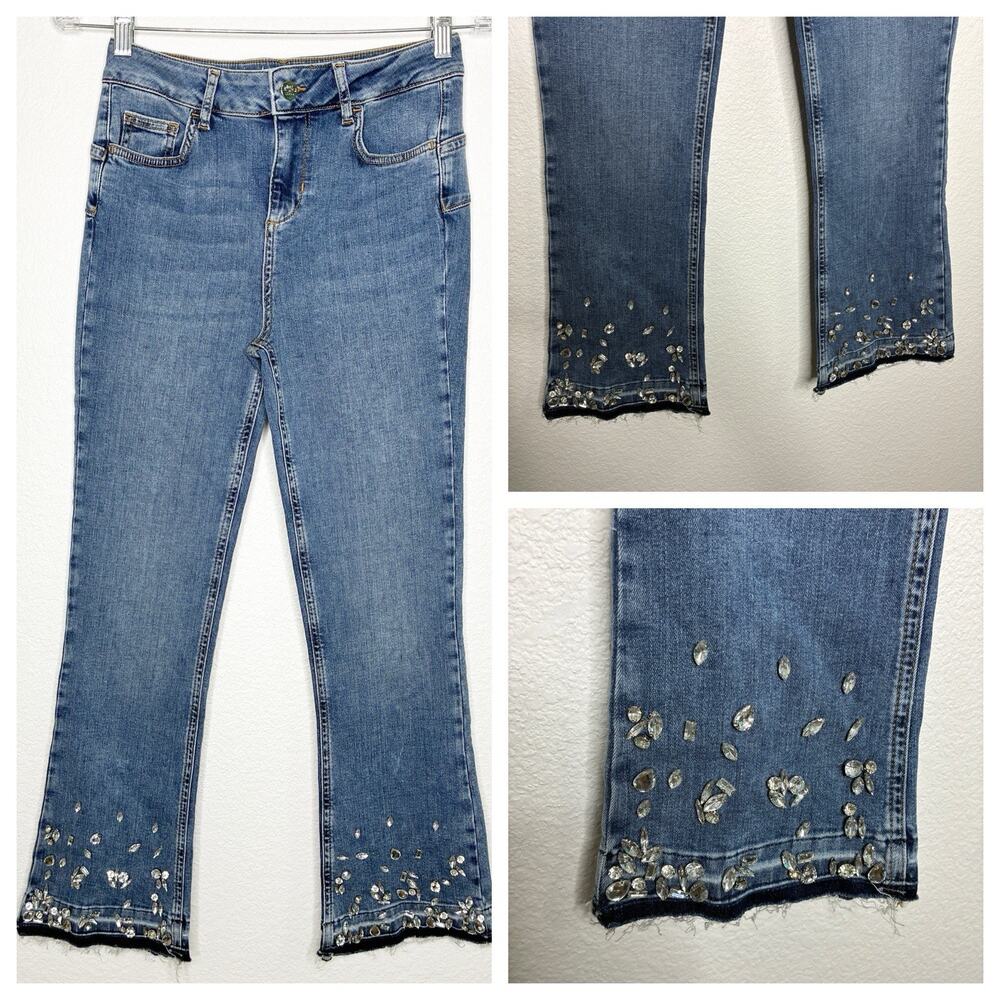 RebelQueen by Liu-Jo Rhinestone Frayed Hem Cuff Jeans 28 NWT